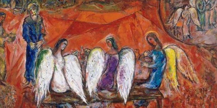 Wikiart Abraham and three Angels, 1966 - Marc Chagall